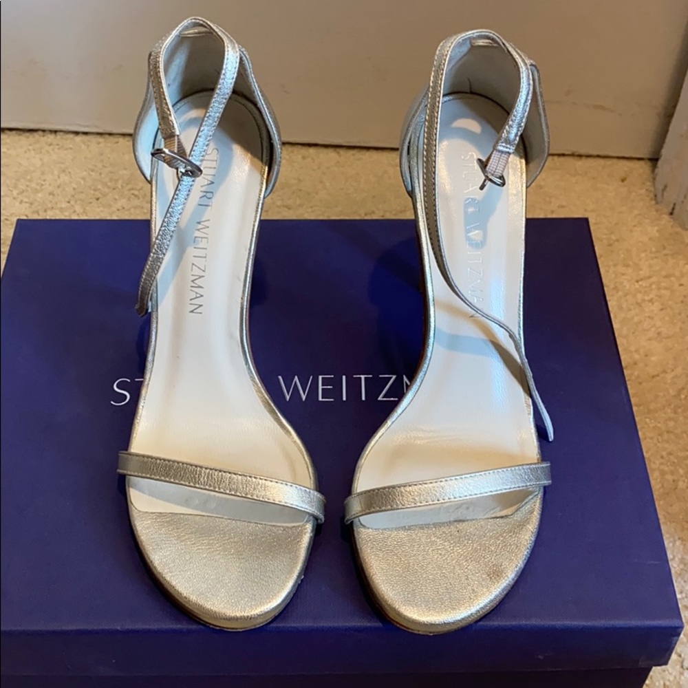 Stuart Weitzman Nudistsong metallic sandal.
